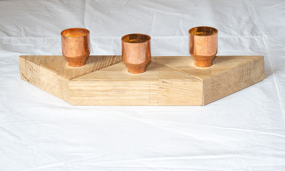 Thumbnail: Wooden candle holder with three copper cups