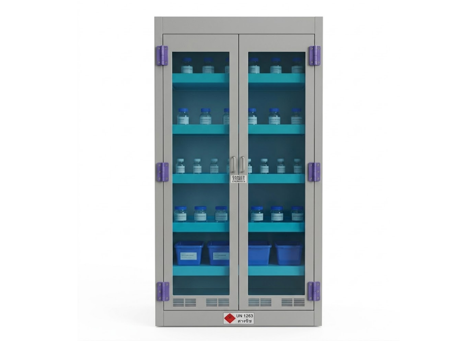 Laboratory chemical storage cabinet with glass doors
