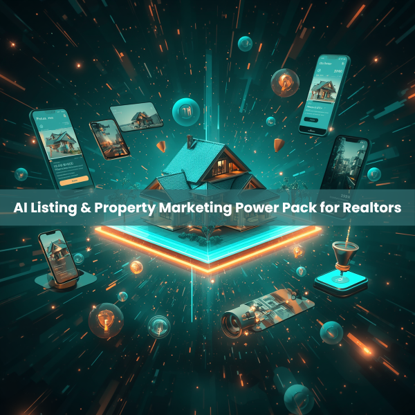 AI Listing & Property Marketing Power Pack for Realtors showing luxury home in glowing digital space with floating phones.