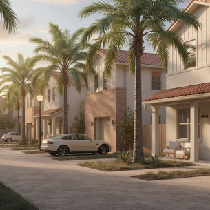 Eye-level view of a modern Orlando neighborhood with homes and palm trees