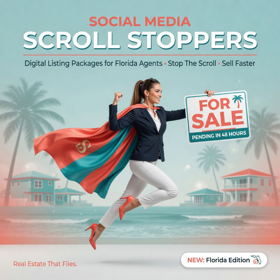 Superhero real estate agent flying over Florida beach with For Sale sign promoting Scroll Stoppers.