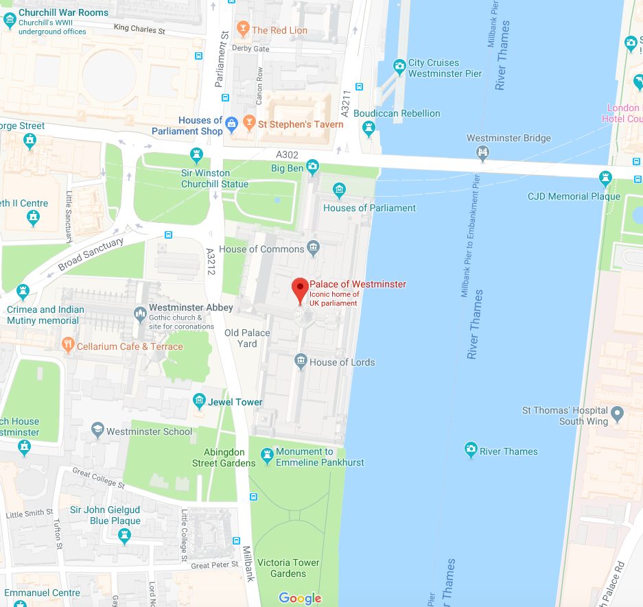 Map Showing Location of Palace of Westminster