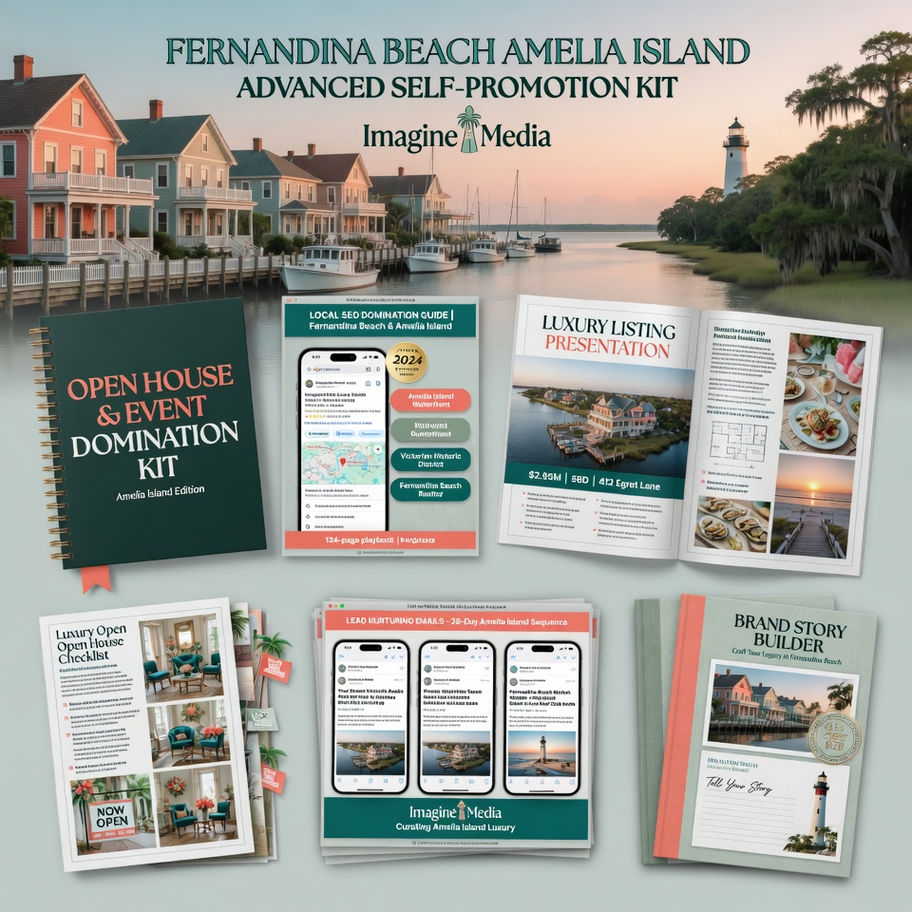 Fernandina Beach Amelia Island Advanced Self-Promotion Kit mockup with luxury listing presentation and open house kit.