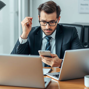 Realtor looking overwhelmed while using multiple devices
