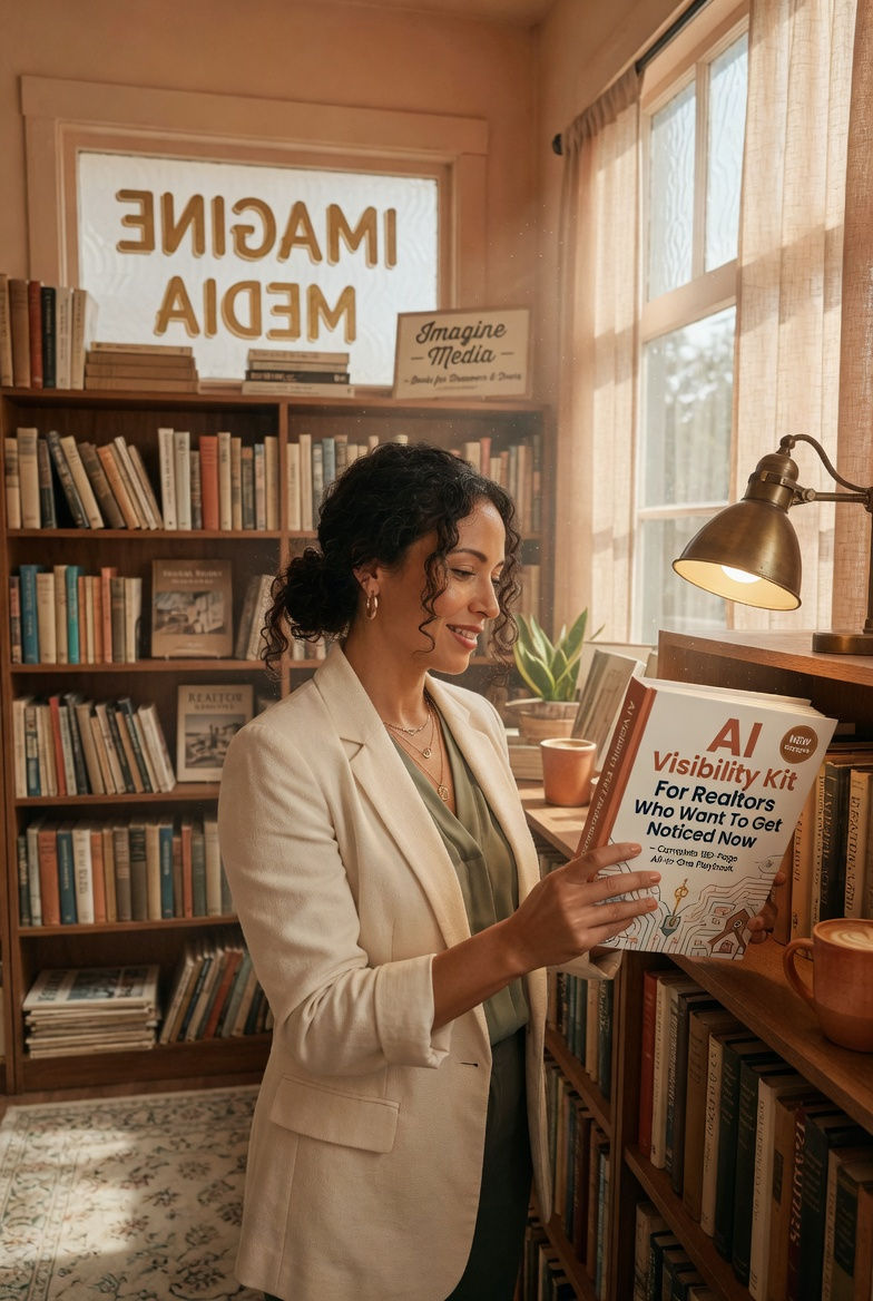 Real estate agent standing in a bookstore happily looking at the book 'AI Visibility Kit For Realtors Who Want To Get Noticed Now' by Imagine Media