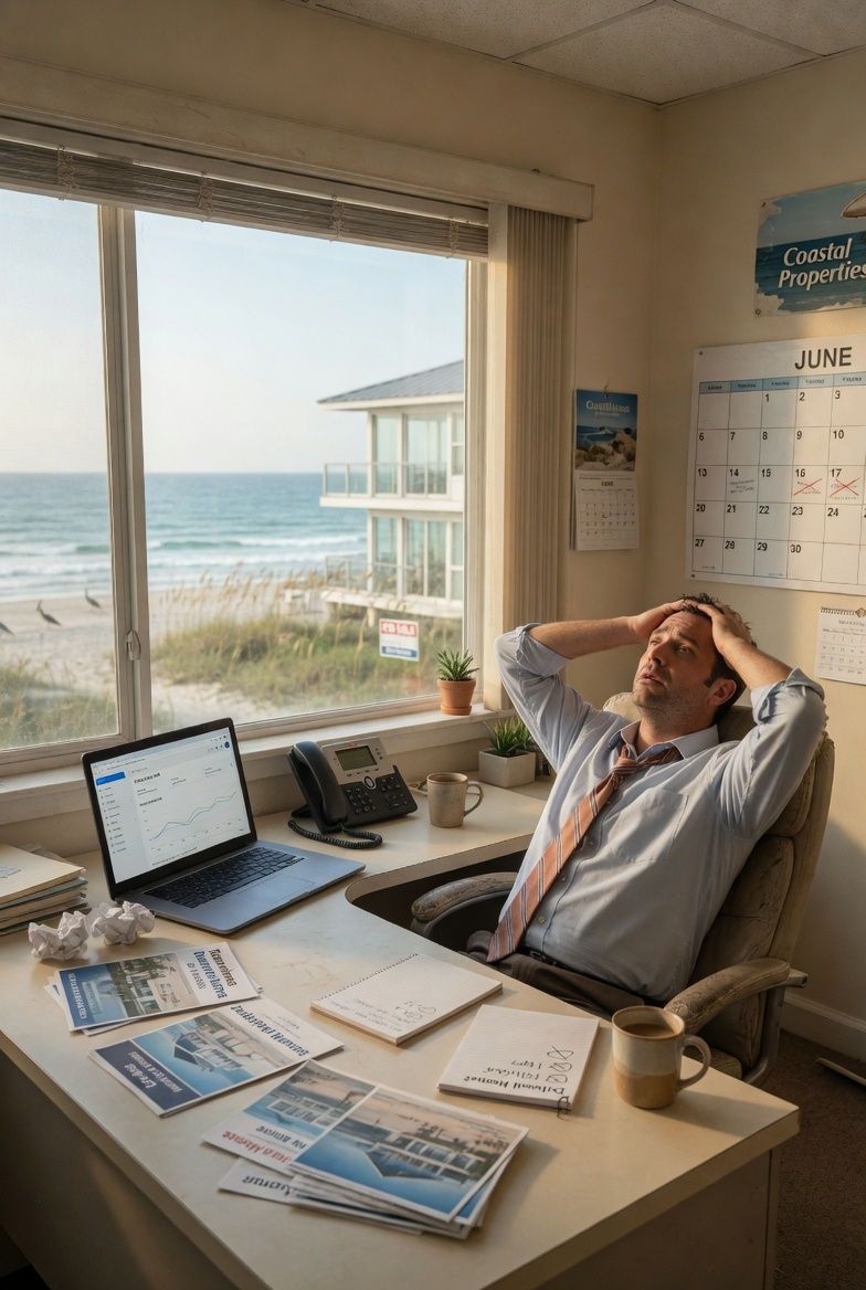 Frustrated male real estate agent sitting at his desk, illustrating the challenge of struggling to get listings and not being called first by sellers
