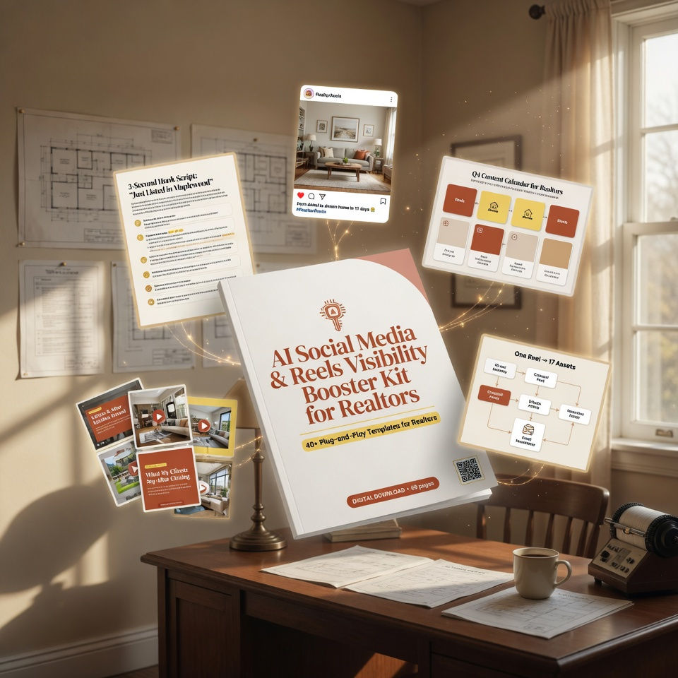 Product mockup of the AI Social Media & Reels Visibility Booster Kit for Realtors by Imagine Media, showing AI-powered reel scripts, social media templates, and visibility boosting tools