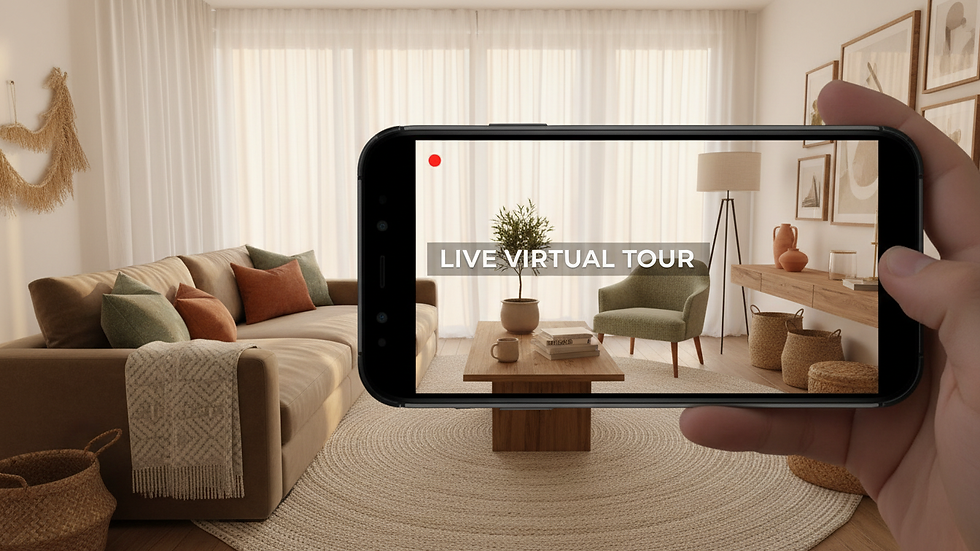 Eye-level view of a smartphone filming a modern living room during a live virtual tour