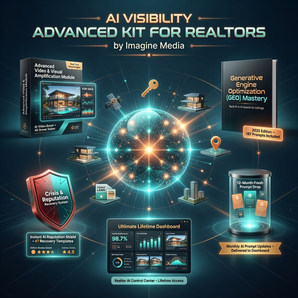 Product image of the AI Visibility Advanced Kit for Realtors by Imagine Media, showing elite AI prompts, GEO mastery tools, crisis recovery systems, and long-term visibility strategies