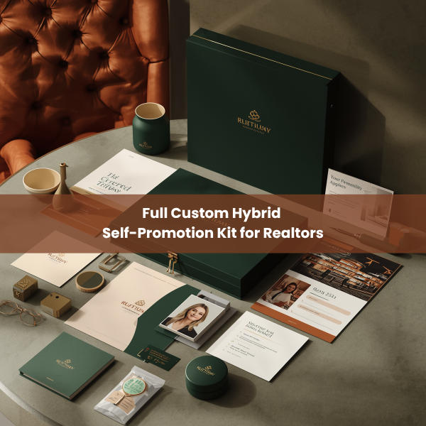 Full Custom Hybrid Self-Promotion Kit for Realtors with premium dark green box and luxury branding materials by Imagine Media