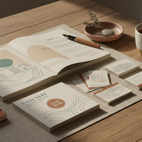 Eye-level view of a real estate marketing kit with brochures and business cards on a wooden table