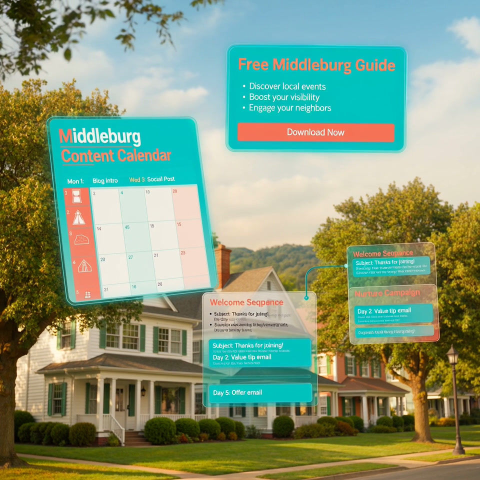 Video mockup of Middleburg Starter Self-Promotion Kit showing content calendar, homebuyer guide, and AI prompts.