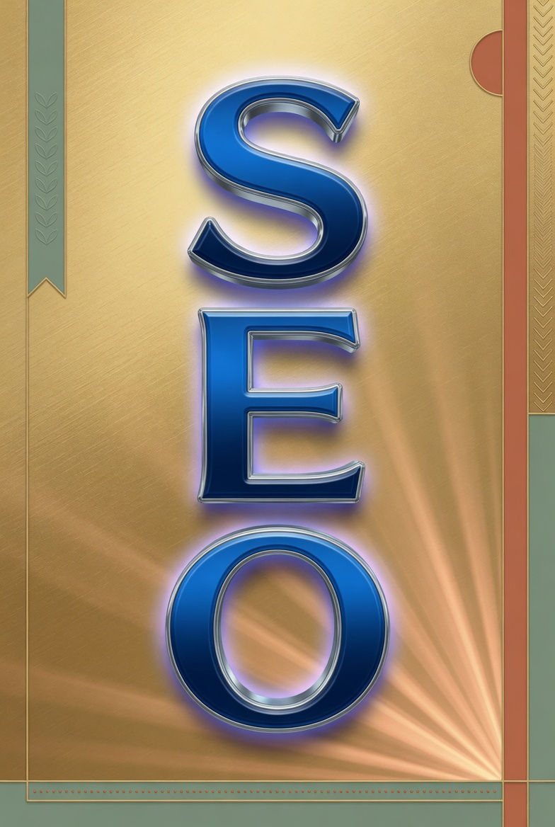 Large vertical graphic with the letters "SEO" in bold cobalt blue against a metallic gold background, illustrating how the Imagine Media self-promotion kits help improve search engine optimization for real estate agents