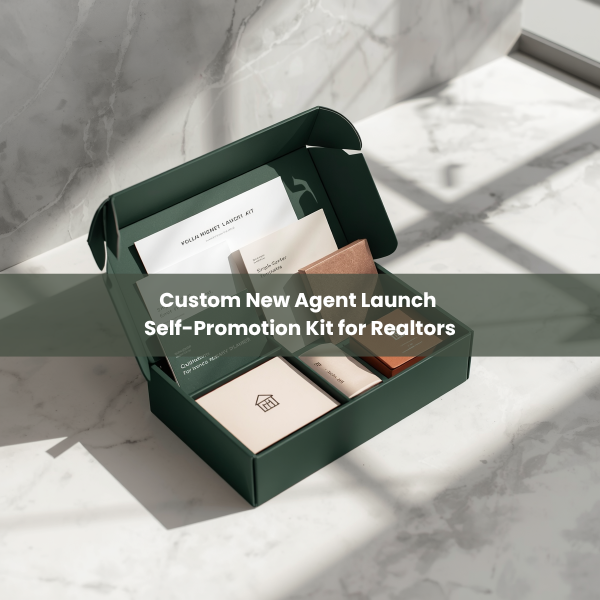 Custom New Agent Launch Self-Promotion Kit for Realtors in elegant open green box on marble by Imagine Media.