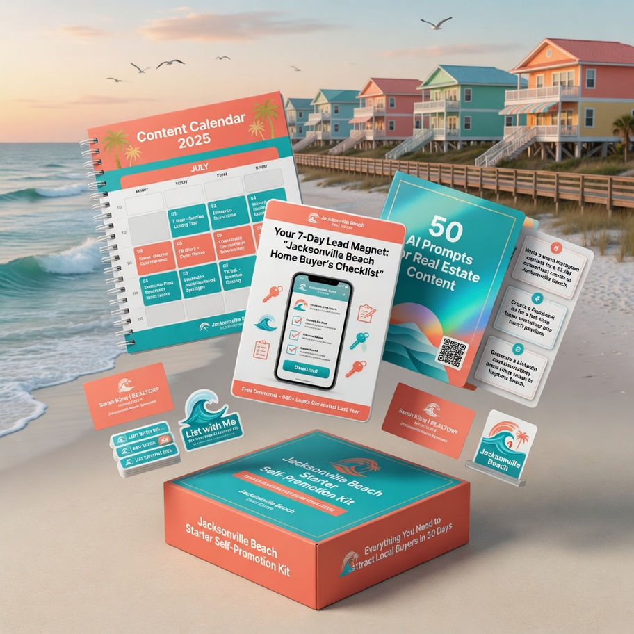 Jacksonville Beach Starter Self-Promotion Kit showing content calendar, lead magnet, and AI prompts on a sunny beach setting.