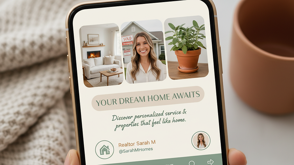 Close-up view of a smartphone displaying a realtor social media post template