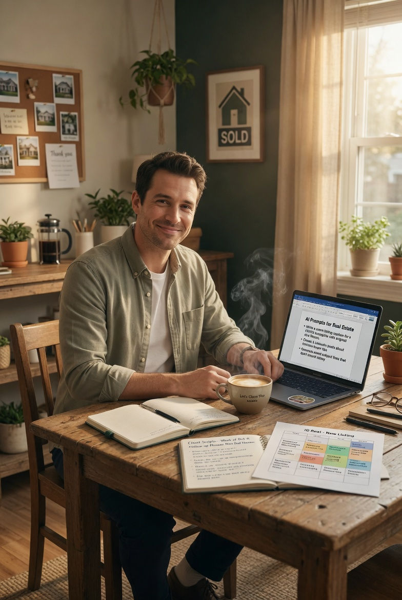Friendly male real estate agent sitting at a cozy wooden table reviewing practical marketing tools on his laptop and notebook, soft morning light — representing Imagine Media’s honest promise of tools that make consistent self-promotion doable and enjoyable.