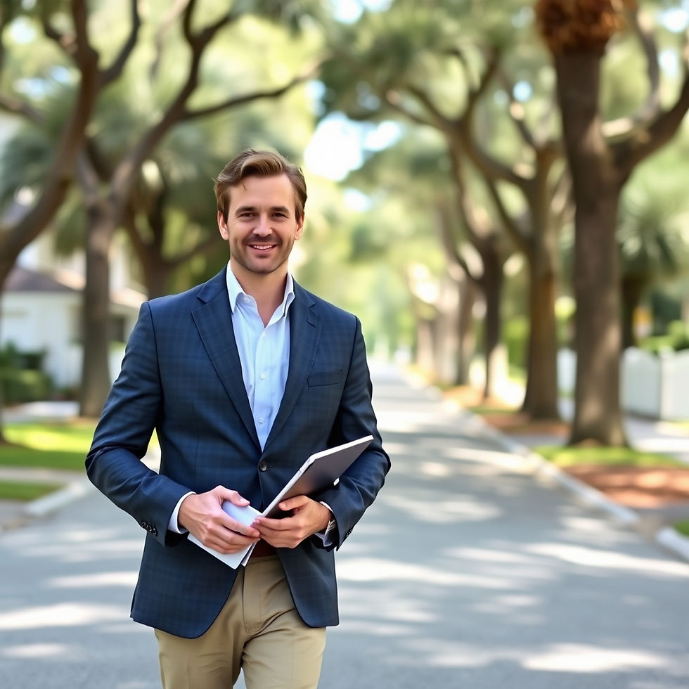 Realtor walking through a quiet residential neighborhood with a notebook