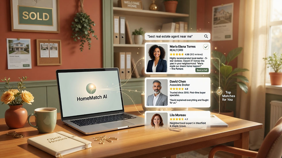 Cozy real estate office in soft golden morning light with a laptop screen clearly showing AI search results for “best real estate agent near me.” Positive realtor recommendations are visible, symbolizing how agents can be found by today’s buyers using AI tools.