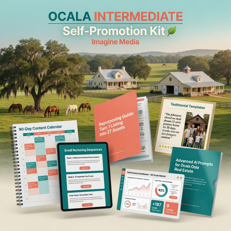 Ocala Intermediate Self-Promotion Kit mockup with 90-day calendar, email nurturing sequences, and performance dashboard