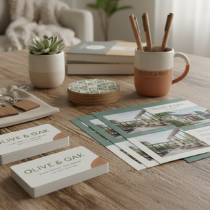 Eye-level view of a realtor's marketing kit with business cards, flyers, and promotional items neatly arranged