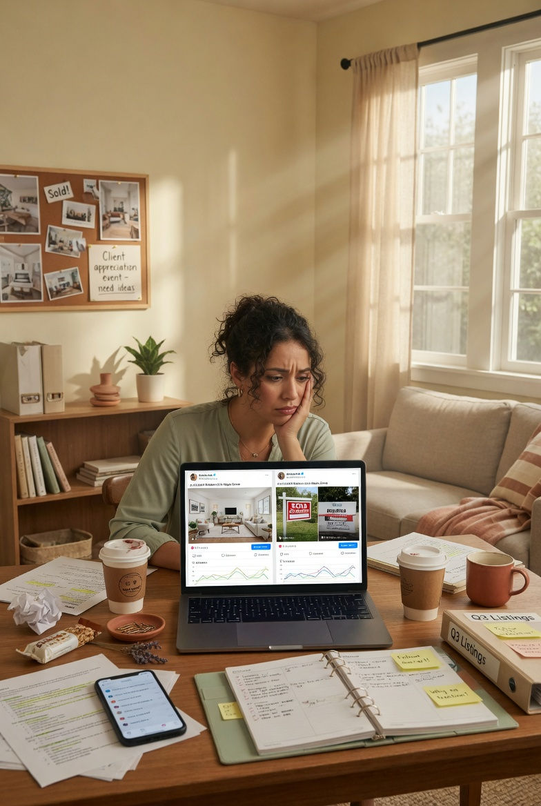 Frustrated real estate agent sitting at a desk feeling invisible and overwhelmed, representing the challenge of trying to scale visibility without a clear AI system