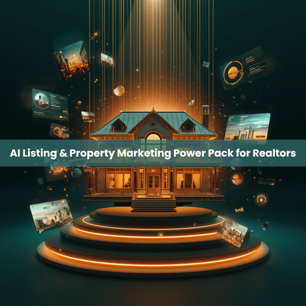 AI Listing & Property Marketing Power Pack for Realtors with glowing luxury home on podium and floating marketing visuals.