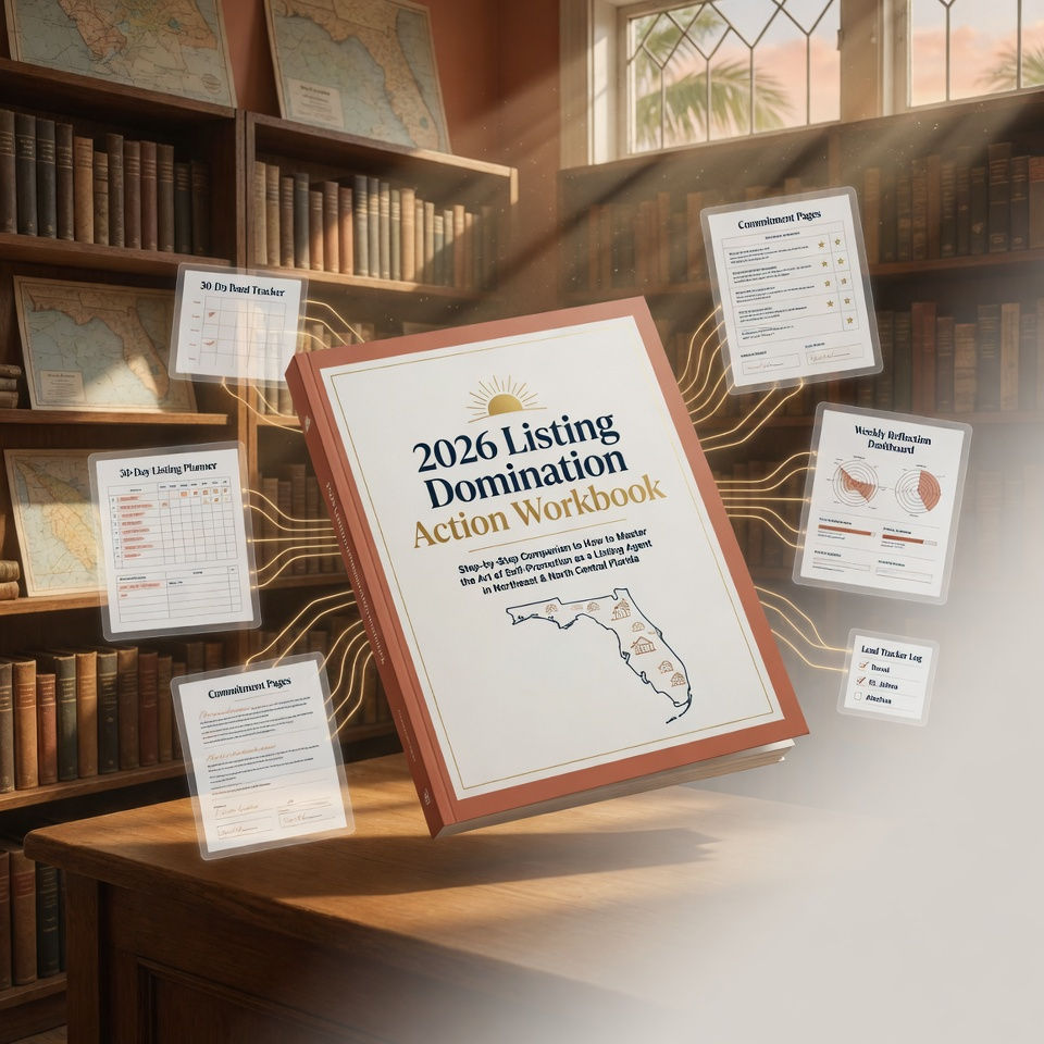 Product mockup of the book '2026 Listing Domination Action Workbook' by Imagine Media, the step-by-step companion workbook to the Listing Explosion Blueprint