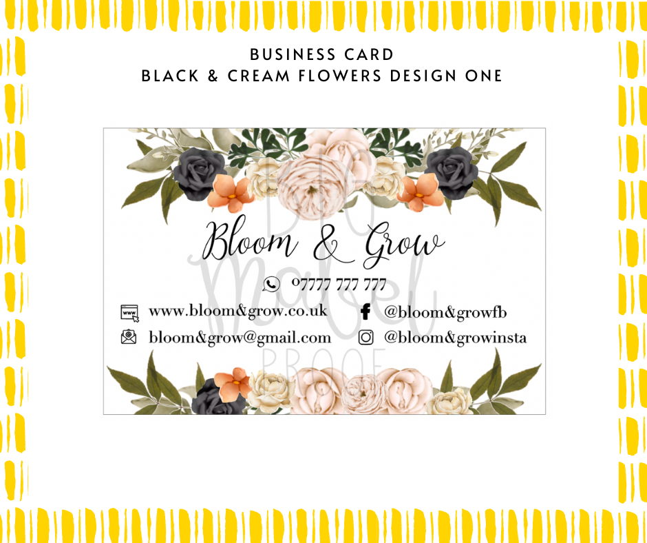Business Card: Black & Cream Flowers (Design One)