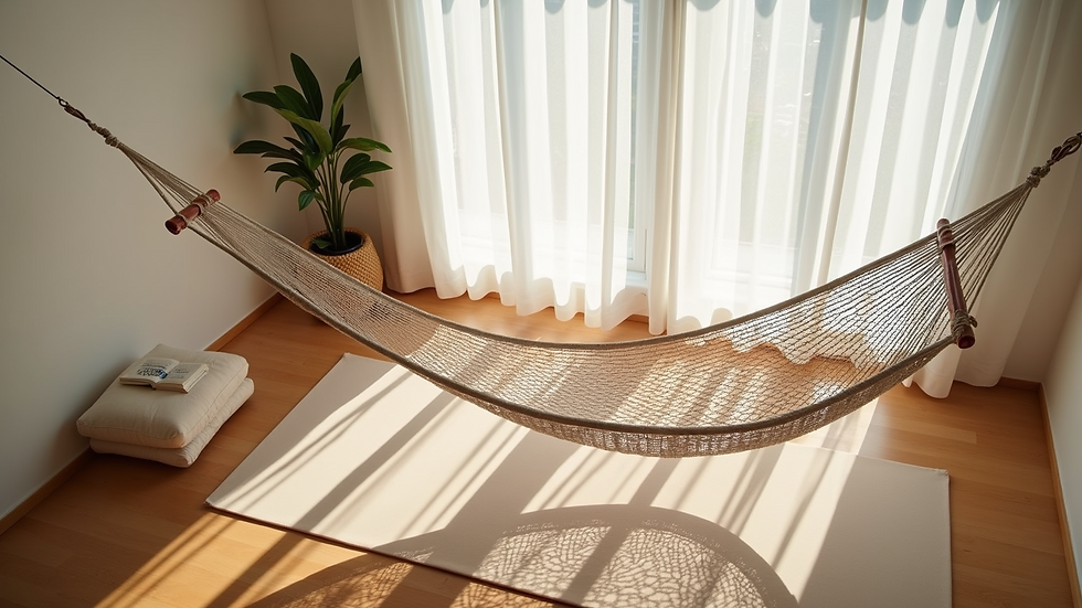 High angle view of a yoga mat and hammock setup in a serene studio space