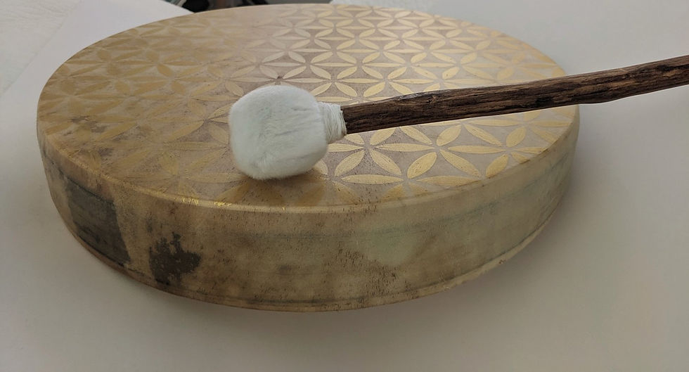 Thumbnail: Handheld frame drum with leather handle and handmade beater