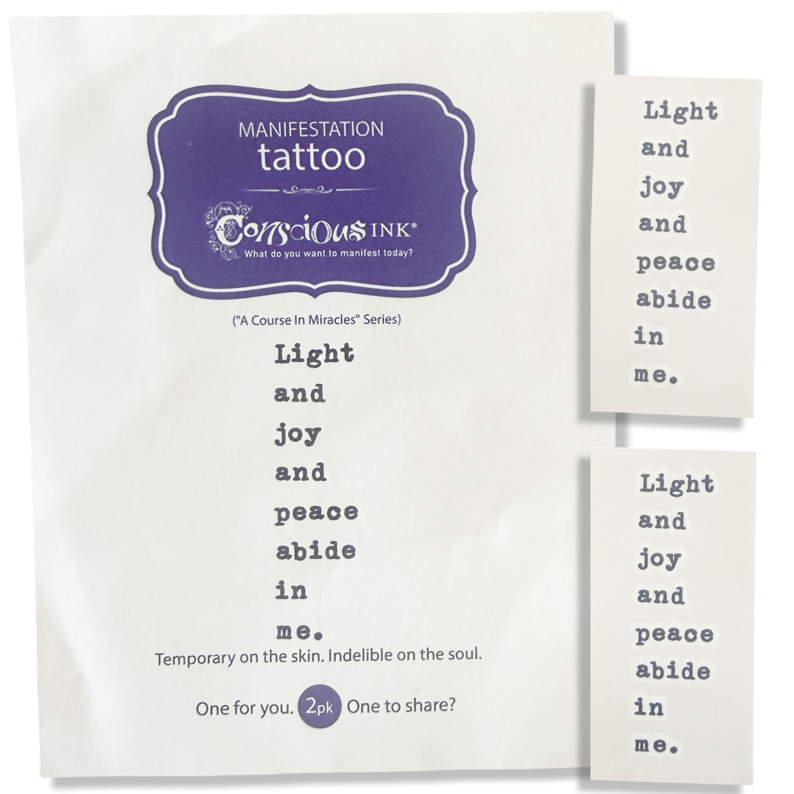 Light and joy and peace temporary tattoo 2-pack set