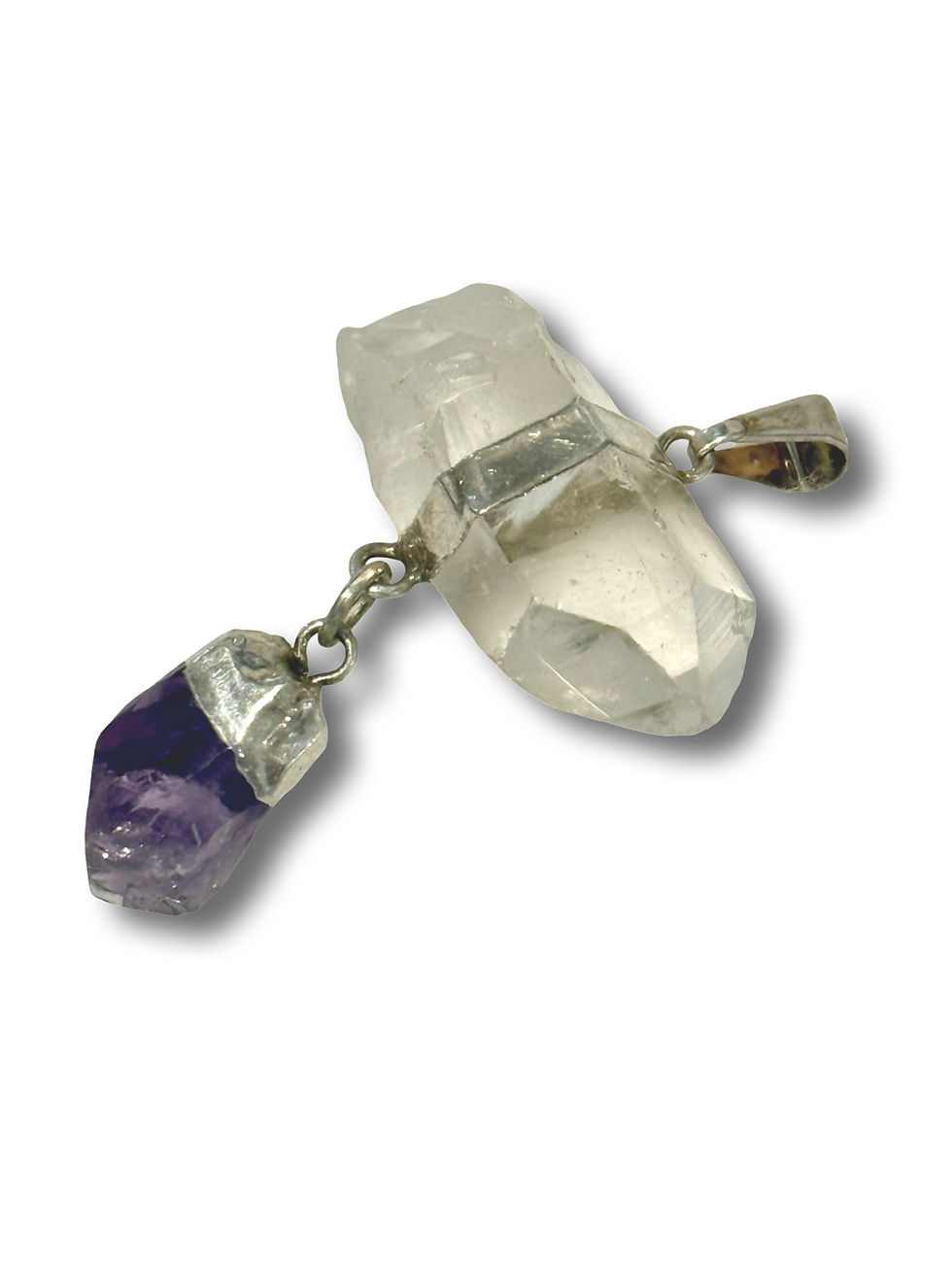Thumbnail: Double-terminated clear quartz crystal pendant with raw amethyst point drop and sterling silver metal wrap