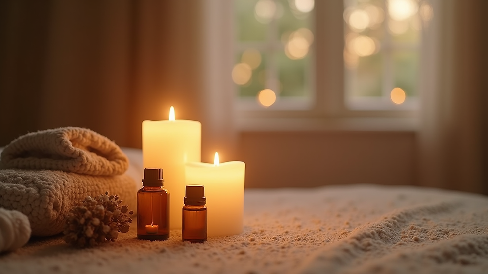 Eye-level view of a serene meditation space with candles and essential oils