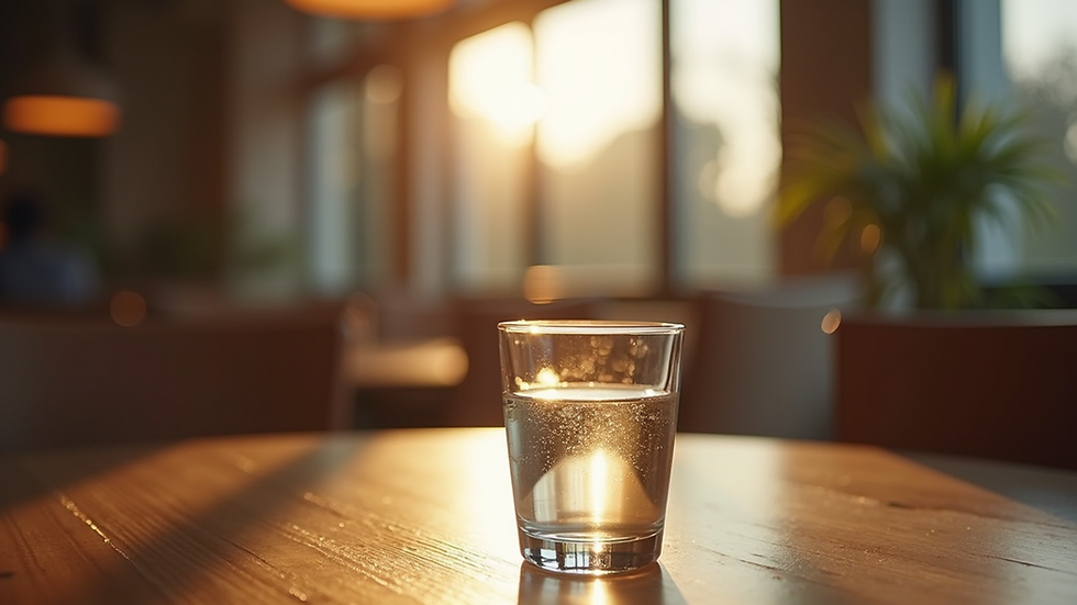 Eye-level view of a glass of water on a wooden table