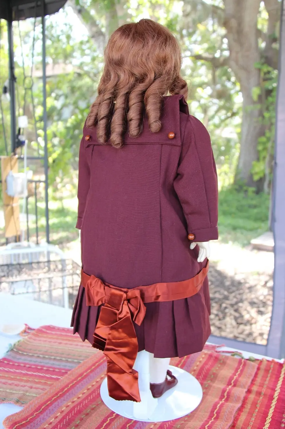 Thumbnail: Handmade Wool Burgundy Dress for Antique French or German Dolls