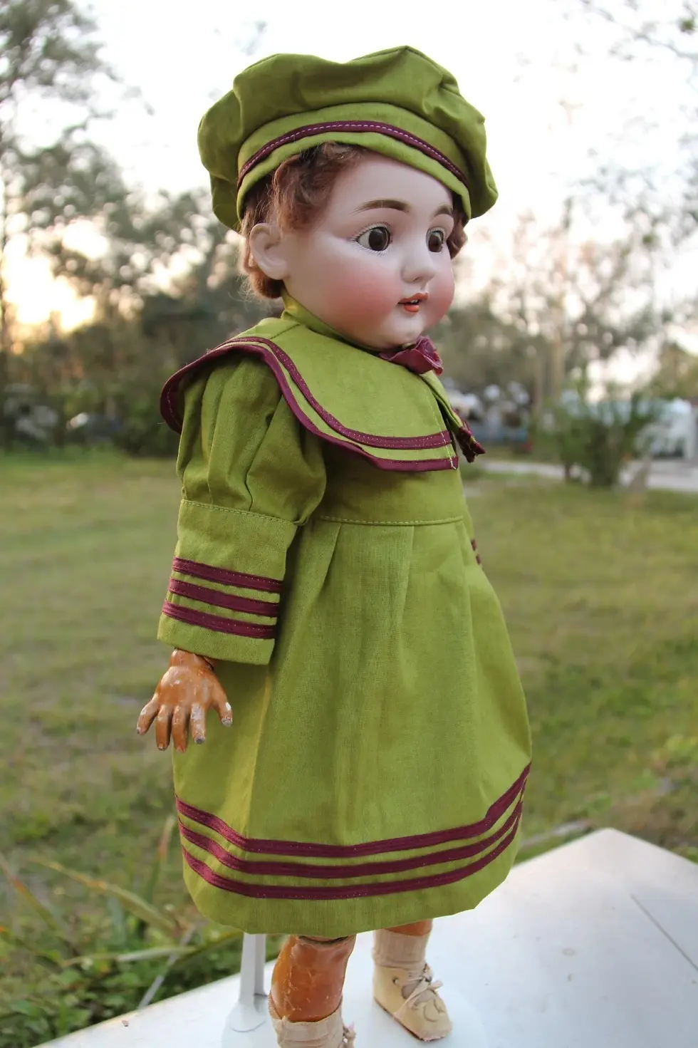 Thumbnail: Lot of 2 ~Antique French or German Doll Handmade Green Dress & Hat