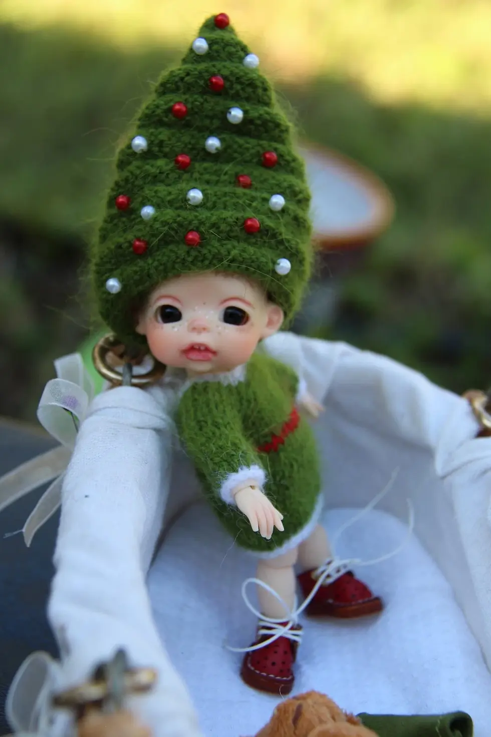 Thumbnail: Baby Christmas Tree • OOAK 5-inch Mini BJD Resin Doll • Handmade Mohair Outfit