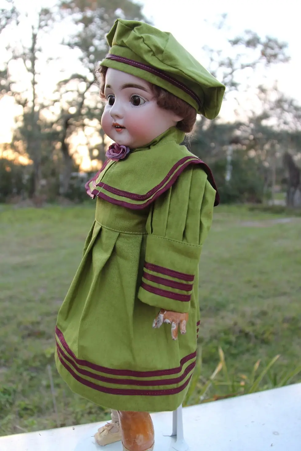 Thumbnail: Lot of 2 ~Antique French or German Doll Handmade Green Dress & Hat