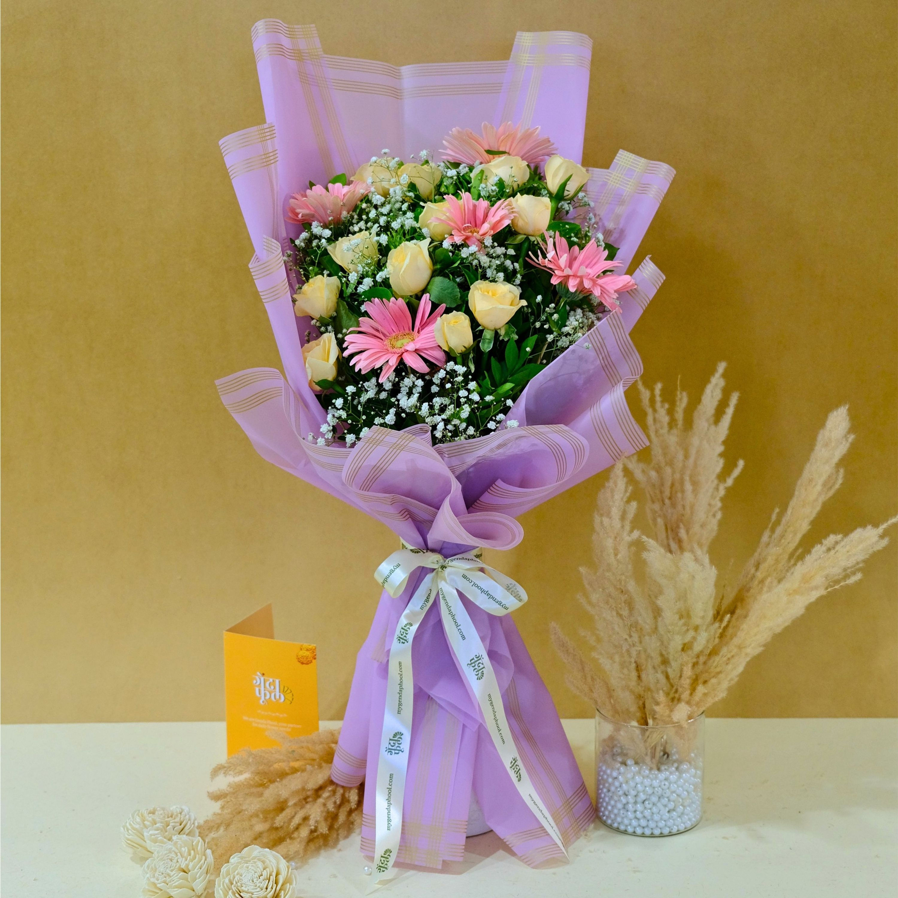 Pink Gerberas And Peach Rose Bouquet