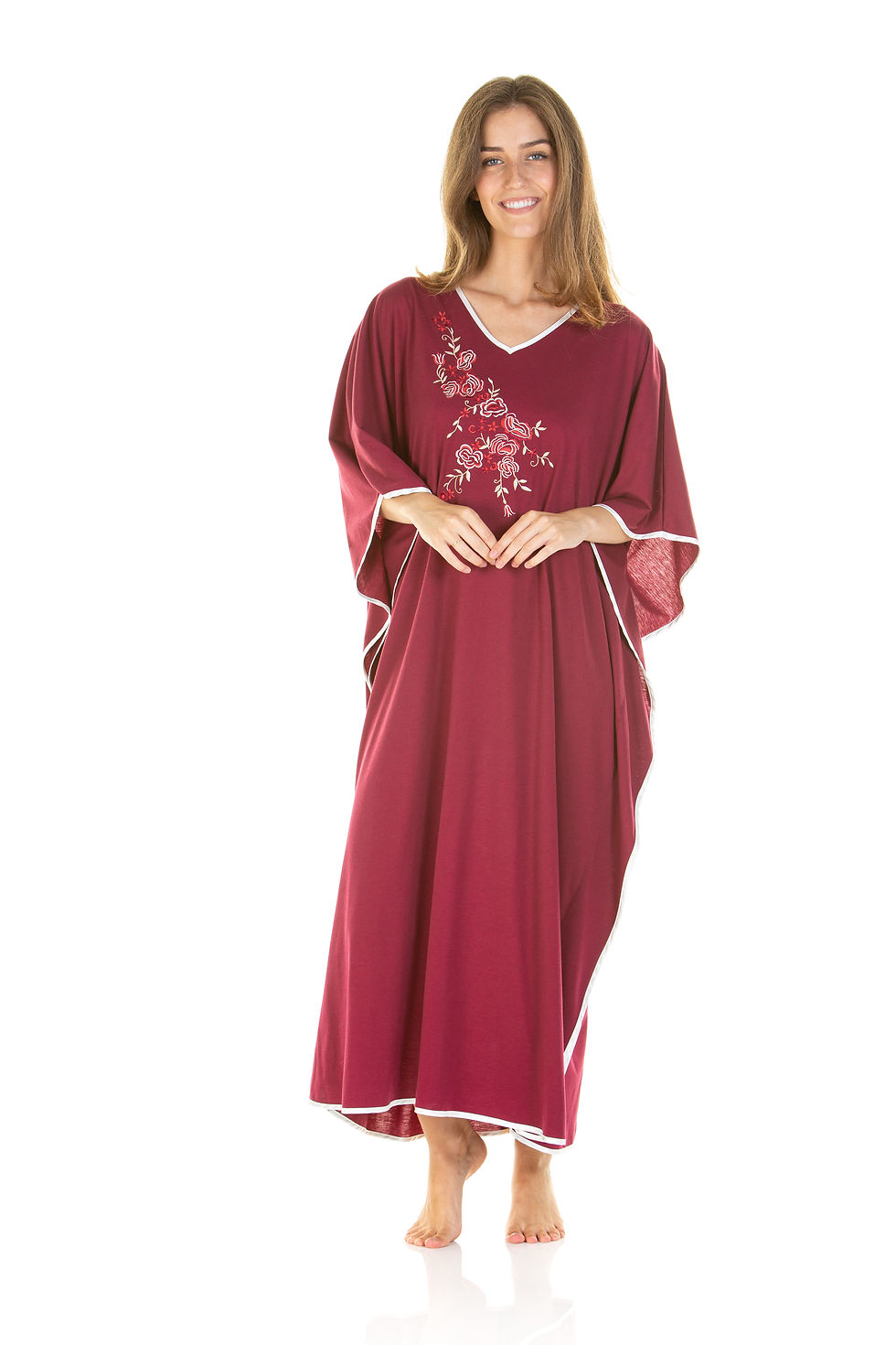 Thumbnail: La Marquise Women's Roses Are Red Embroidered V Neck Kaftan - One Size