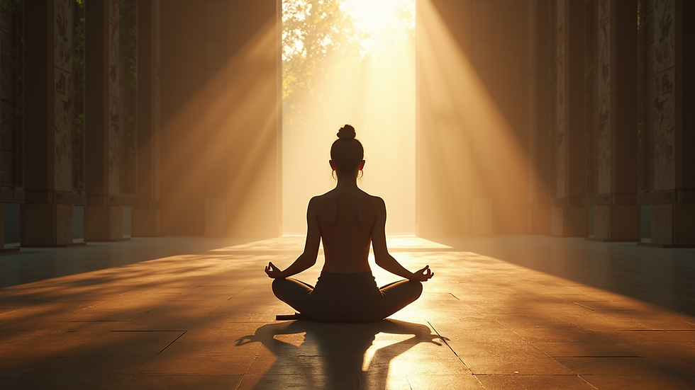 Eye-level view of a person meditating in a serene environment