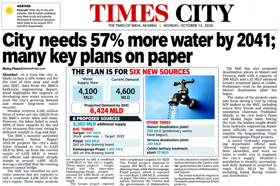 Mumbai Water Demand to Rise 57Pct. by 2041 Can NRW Reduction Match Gargai Dams Supply?