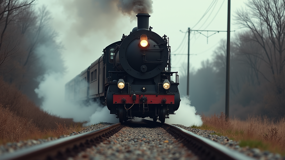 Eye-level view of a vintage steam locomotive on a railway track
