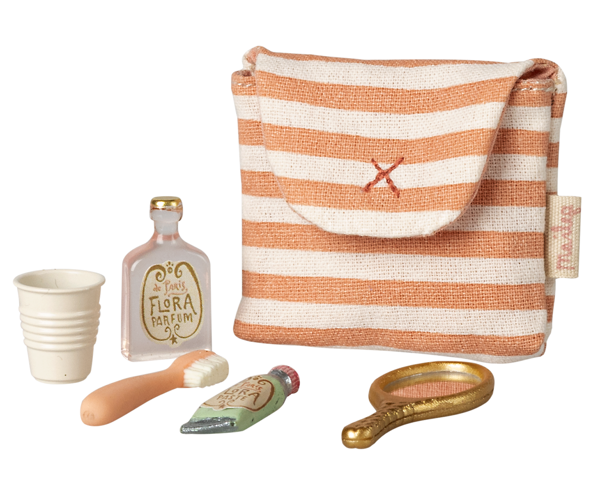Maileg - Toothbrush set in bag, Mouse | Coral stripe