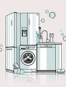 Crie uma imagem vetorial de um conjunto de eletrodomésticos, incluindo uma geladeira, uma
