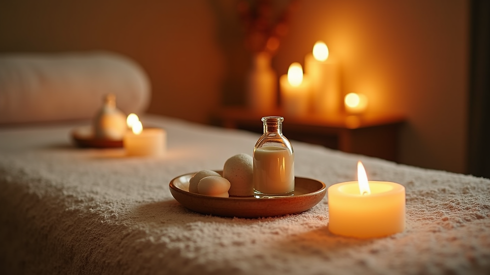 Vue en plongée d’une table de massage avec des huiles essentielles et des bougies allumées