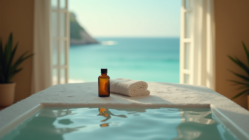 Vue en plongée d'une table de massage avec des huiles essentielles