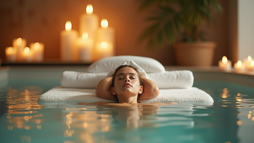 Vue en plongée d'une table de massage avec huiles essentielles et bougies