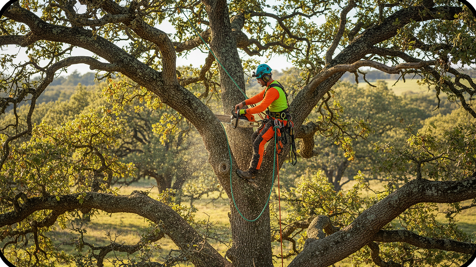 Eye-level view of a professional arborist trimming a large oak tree